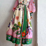 Retro French court style pleated maxi print dress