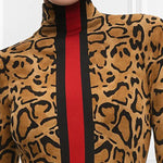 Long Sleeves Skinny Contrast Color Leopard High Neck T-Shirts Tops