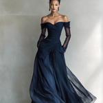 Women's Elegant Dark Blue Chiffon Organza Off-shoulder Long-sleeved Fitted Maxi Dress