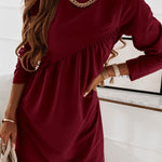 Casual Loose Long Sleeves Solid Color Round-Neck Mini Dresses