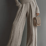 Women's Taupe Elegant Knit Textured Sweater & Wide - Leg Pants Set