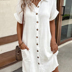 Loose Short Sleeves Pleated Split-Joint Lapel Mini Dresses Shirt Dress