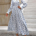 Long Sleeves Loose Elasticity Floral Printed V-Neck Maxi Dresses
