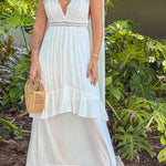OFF WHITE MAXI DRESS WITH LACE TOP AND BACK BOW