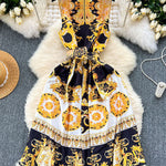 Sleeveless Belt Buckle Buttoned Contrast Color Floral Printed Midi Dresses