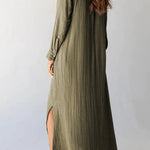 Green Crinkled Pocketed Side Slits Loose Maxi Dress