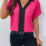 Loose Short Sleeves Contrast Color V-Neck T-Shirts Tops