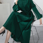 Casual Long Sleeves Loose Tied Pleated Stand Collar Midi Dresses
