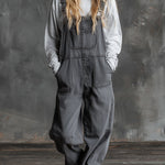 Casual Western Grey Denim Loose Multi-Pocket Jumpsuit Overalls