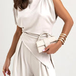 Jordy Ruched Shoulder Slit Top and Elastic Waist Pocketed Wide Leg Pants Set
