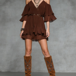 Women's Fashionable Brown Chiffon Off-the-shoulder Spaghetti Strap Ruffle Mini Dress