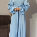 A-Line Long Sleeves Pleated Solid Color Tied Waist Zipper Mock Neck Maxi Dresses