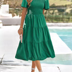High Waisted Loose Elasticity Pleated Solid Color Split-Joint Round-Neck Midi Dresses
