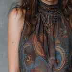 Vintage Pleated Collar Paisley Sleeveless Tank Top