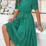 A-Line Elasticated Waist Contrast Color Polka Dot Split-Joint Tied Waist Round-Neck Midi Dresses