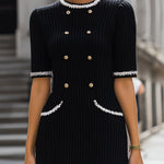 Elegant Ribbed Knit Mini Dress With Silver Trim And Gold Button Details