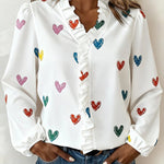 Women'S Casual Heart-Print Ruffled Blouse
