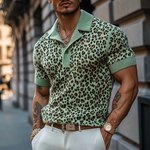 Men's Fashion Leopard Print Knitted Short-sleeved Polo Shirt