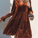 A-Line Long Sleeves Pleated Solid Color Velvet V-Neck Mini Dresses