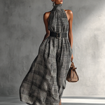 Women's Plaid High Collar Sleeveless Belted Maxi Dress