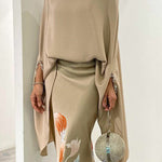 Batwing Sleeves Loose Floral Printed Split-Joint High Neck Skirt Set Two Pieces Set