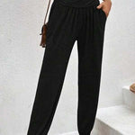 Temperament casual loose pocket high waist trousers