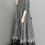 Vintage Loose Striped Buttoned Stand Collar Long Sleeves Midi Dress