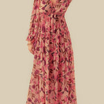 Pastel Red Floral Print Ruffle Trim Plunge Neckline Maxi Dress