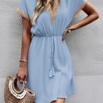 A-Line Elasticated Waist Contrast Color Drawstring Hollow Split-Joint Tasseled Tied V-Neck Mini Dresses