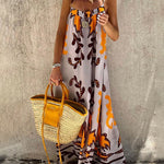 A-Line High Waisted Contrast Color Pleated Printed Split-Joint Spaghetti-Neck Midi Dresses