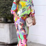 Contrast Color Printed Long Sleeves Buttoned Lapel Blouses Top+ High Waisted Pants Bottom Two Pieces Set