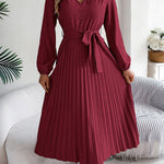 High Waisted Long Sleeves Belted Buttoned Pleated Solid Color V-Neck Maxi Dresses