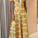 Orange V-neck Square Print Wavy Maxi Skirt