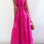 Loose Sleeveless Plaid Ribbed Stand Collar Maxi Dresses