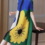 A-Line Loose Buttoned Flower Print Pleated Round-Neck Midi Dresses