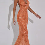Shine All Night Sheer Sequin Cowl Neck Halter Maxi Dress