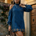 Long Sleeves Loose Hollow Pockets Solid Color Split-Joint Cold Shoulder Mini Dresses