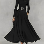 Women's Black Knit Elegant High Neck Button Detail Maxi Dress