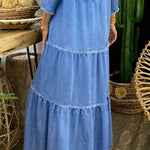 Casual Denim Washed Raw Trim V Neck Midi Dress