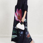 A-Line Flared Sleeves Flower Print Pleated V-Neck Maxi Dresses