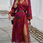 A-Line High Waisted Elasticity Flower Print No Belt Split-Side V-Neck Maxi Dresses