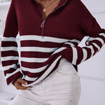 V Neck Collar Ribbed Knitted Stripe Pullover Sweater