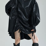 High-Low Long Sleeves Drawstring Pleated Solid Color Stand Collar Mini Dresses