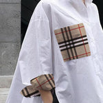 High-Low Long Sleeves Buttoned Plaid Pockets Split-Joint Split-Side Lapel Blouses&Shirts Tops