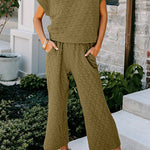 Quilted Textured Short Sleeve Top and Wide Leg Pants Set
