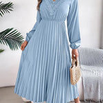 Elasticated Waist High Waisted Pleated Solid Color V-Neck Midi Dresses