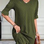 A-Line Flared Sleeves Elasticity Jacquard Pleated Solid Color Split-Joint V-Neck Mini Dresses