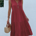 Loose Sleeveless Pleated Split-Joint V-Neck Midi Dresses