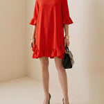 Half Sleeves Loose Falbala Solid Color Round-Neck Midi Dresses Short Dresses