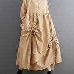 A-Line Long Sleeves Buttoned Pleated Pockets Solid Color Tied Lapel Midi Dresses Shirt Dress